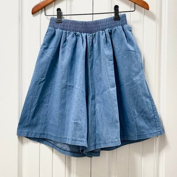 High Waist Flouncy Chambray Denim Shorts Blue - Picture 2 of 9